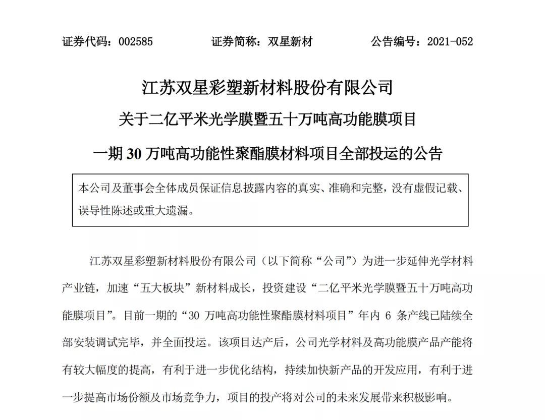 雙星新材30萬噸高功能性聚酯膜材（cái）料項目全麵投入（rù）運營
